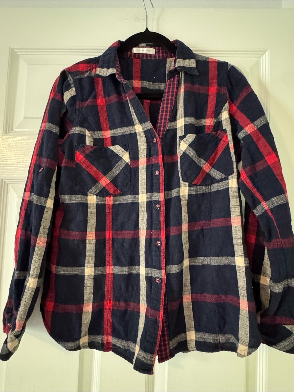 Skies Are Blue Navy Red Cream Plaid Button-Down Shirt
